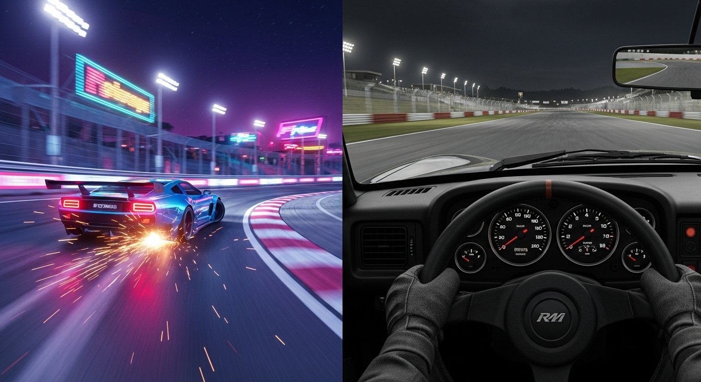 A side-by-side comparison highlighting the visual differences between arcade and simulation styles in cars & racing games.